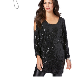 Roaman’s Plus Size Cold Shoulder Black Sequin Tunic Top Size 2X 26/28 - NWOT